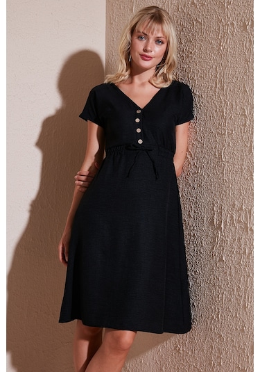 Lela Önü Düğmeli V Yaka Regular Fit Kısa Kollu Midi Bayan Elbise 5865747 Siyah