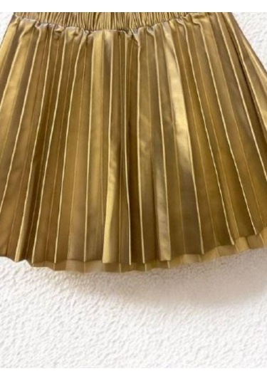 Kız Bebek Pileli Deri Etek-14903 Altın