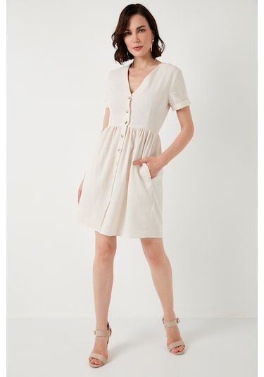 Lela Cepli Önü Düğmeli Kısa Kollu V Yaka Regular Fit Bayan Elbise 611El222 Taş Lela Cepli Önü Düğmeli Kısa Kollu V Yaka Regular Fit Bayan Elbise 611El222 Taş
