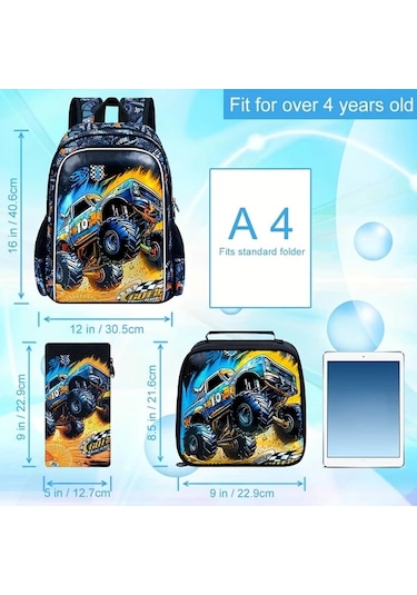 Maxaccess 16 Oen Car Hy 3 Adet Sırt Çantası Seti Erkek Çocuk Okul Sırt Çantası Ve Yemek Kutusu Siyah Yeşil 16 Oen Araba Hy