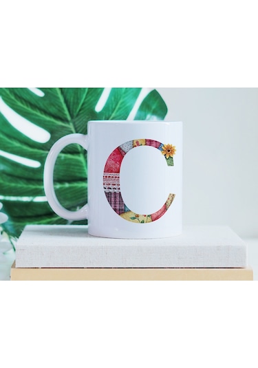 C Harfli Retro Çiçekli Kupa Bardak - Patchwork Tarz Yamalı Desenli İsme Özel Kupa - Hediye 07 Beyaz