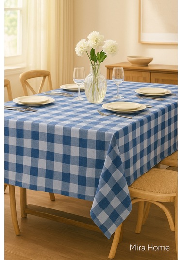 Mira Home Kareli Masa Örtüsü Sofra Bezi 160x220 Cm Rustik Mavi