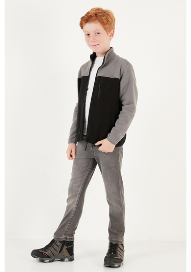 Lela Yumuşak Dokulu Fermuarlı Renk Bloklu Dik Yaka Cepli Hırka Unisex Çocuk Polar 5905001 Gri-Siyah
