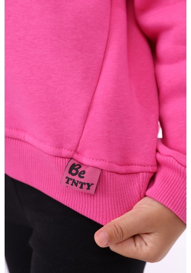 Kız Çocuk Relax Fit Dik Yaka Düşük Omuz Nakış Baskılı Sweatshirt - 3 İplik Şardonlu Fuşya