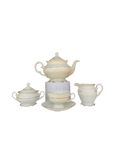 King El Yapımı Çekoslavak Krem Yıldızlı Çay Fincan Takımı 15 Parç