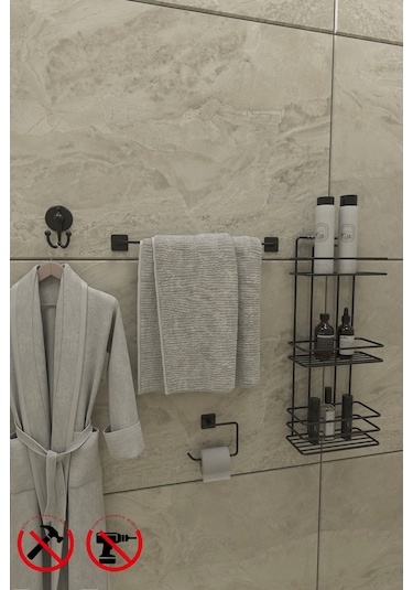 Alper Banyo Yapışkanlı Siyah 3 Katlı Banyo Rafı TŞ03 Jasmin Kağıtlık Uzun Havluluk Lotus V Bornoz Askılık Siyah