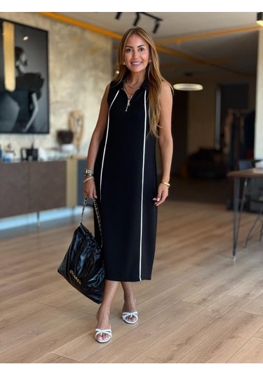 Kadın Modal Kumaş Şerit Detaylı Fermuarlı Midi Elbise Çok Renkli