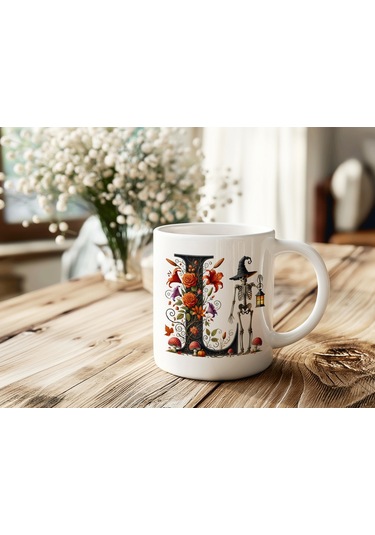 L Harfi Şapkalı İskelet Figürlü Ve Çiçekli Kupa Bardak - Cadılar Bayramı / Halloween Özel Hediye Beyaz