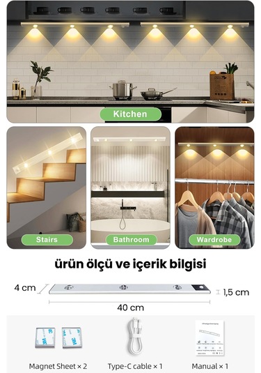 Technojet Hareket Sensörlü Şarj Edilebilir 3 Farklı Renk Yanabilen 3 Led Dekoratif Lamba,dolap Işığı