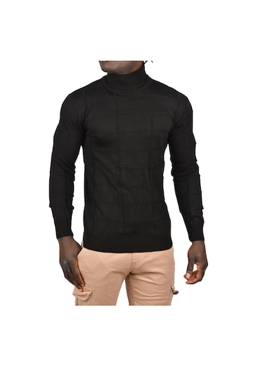 Deepsea Erkek Siyah Kare Desenli Balıkçı Yaka Slim Fit Boğazlı Triko Kazak 2505493 Siyah