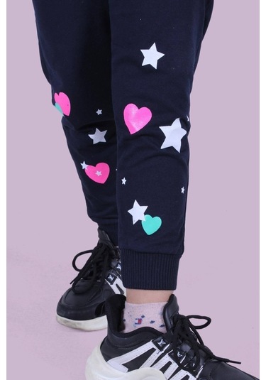 Kalp Ve Yıldız Desen Detaylı Kız Çocuk Lacivert Eşofman Altı Lacivert