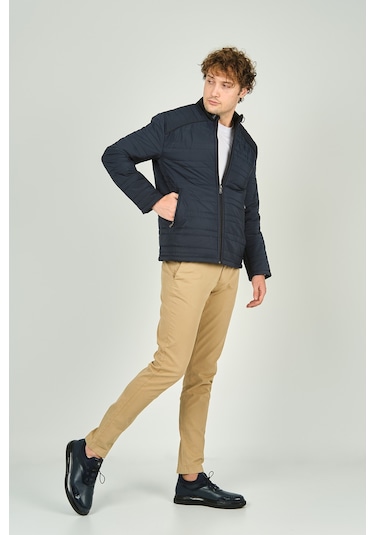 Lucas Erkek Dik Yaka Deri Biyeli Kapitone Mont 4706 Lacivert Lacivert