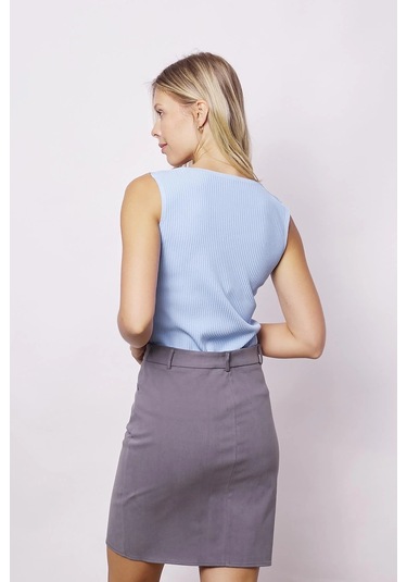 Kadın Cep Detaylı Diz Üstü Hafif Likralı Pamuklu Kumaş Kalem Etek-koyu Gri K.gri