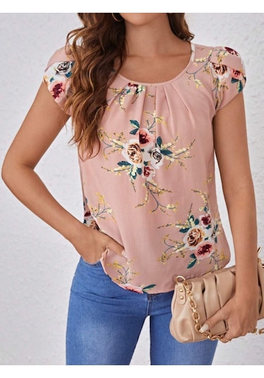 Modasize Kadın Kısa Kollu Bisiklet Yaka Çiçek Baskılı Süprem Bluz Pembe