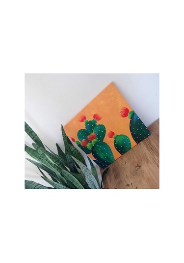 El Boyaması Kare Kaktüs Tablosu 40 40 Cm