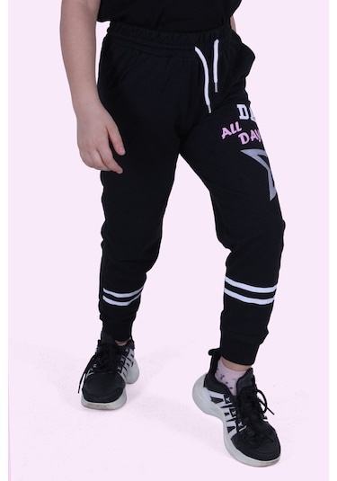 Yıldız Detaylı Yazı Baskılı Kız Çocuk Eşofman Altı Siyah