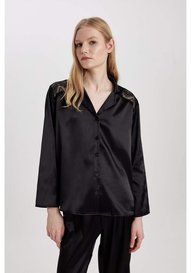 DeFacto Regular Fit Uzun Kollu Saten Casual Pijama Üstü-Fall in Love B6198AX24SPBK27