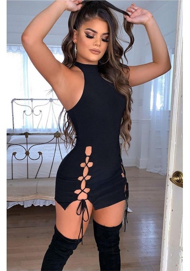 Yırtmaçlı Mini Elbise Siyah