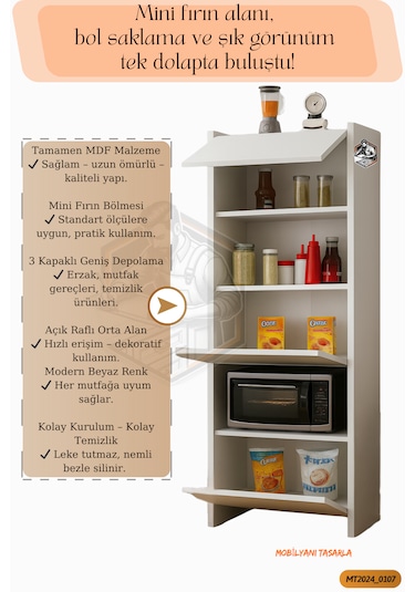 Tamamı Mdf Çok Amaçlı 3 Kapaklı Açık Raflı Mini Fırın Dolabı