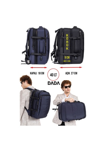 Dada USB Type-C Girişli Fonksiyonel Laptop Sırt ve Seyahat Çantası Lacivert 15,6 İnç 40 Litre
