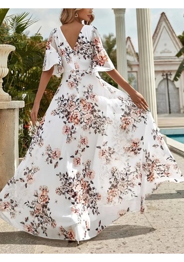 Kadın Kısa Kollu V Yakalı Çiçek Desenli Süprem Elbise Beyaz