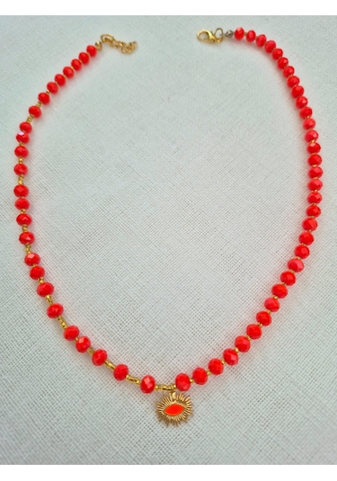 Koyu Turuncu Kristal Cam Boncuklu Bayan Kolye