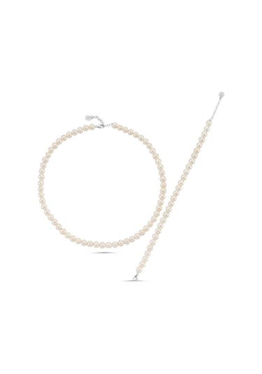 7,5 Mm Sıralı Doğal İnci Kolye Bileklik İkili Set 75 Cm