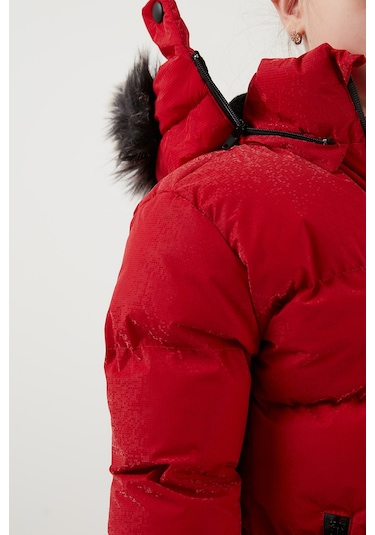 Lela Yakası Suni Kürklü Peluş Astarlı Çıkarılabilir Kapüşonlu Dar Kesim Kışlık Kız Çocuk Mont 5760002 Kırmızı