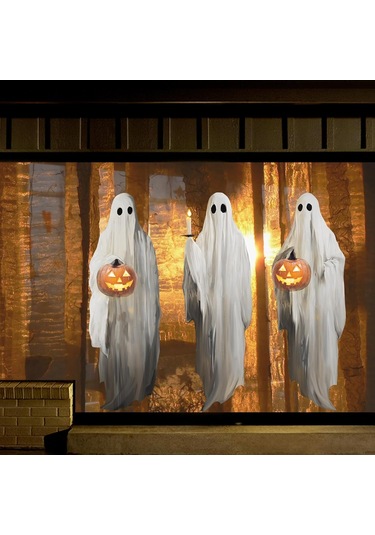 Gajeena Halloween Penceresi Dekorasyon Seti: Büyük Boy Beyaz Hayalet Kabak Işıklı Çift Taraflı Pvc Pencere Sticker - Tekrarlı Kullanımlı Ev Dekoru Beyaz