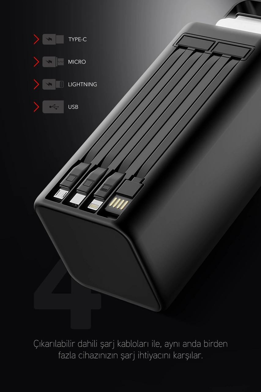 Powerway Pd80 Kamp Powerbank Gerçek 80.000 Mah Pd 22.5w Hızlı Şarj Led Fenerli Ve Dahili Kablolu Siyah