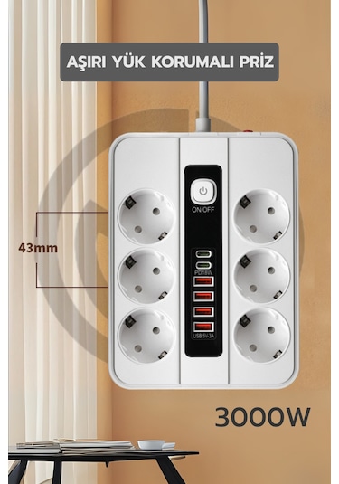 Pro P11 6x Priz 3000w Termal Akım Korumalı 4x Usb 2x Type-c Girişli Çoklu Priz 0.2 M