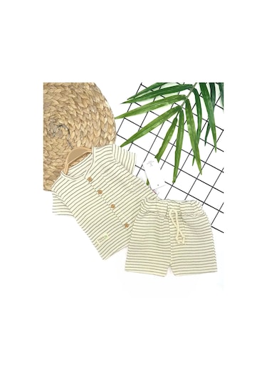 9-12-18-24 Ay Düğme Detaylı Çizgili Müslin Kumaş Yazlık 2li Erkek Bebek Takımı Yeşil