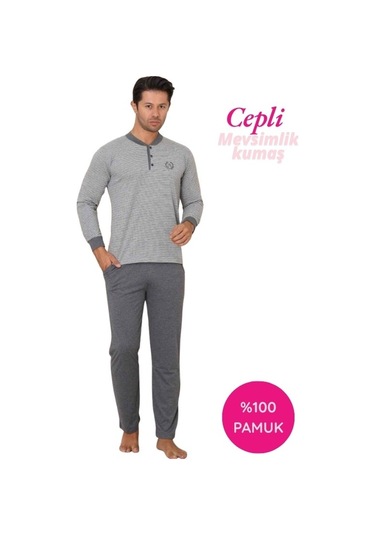 Alimer Erkek 3 Düğmeli Çizgili Desen %100 Pamuk Uzun Manşetli Kol Cepli Pijama Takımı Gri