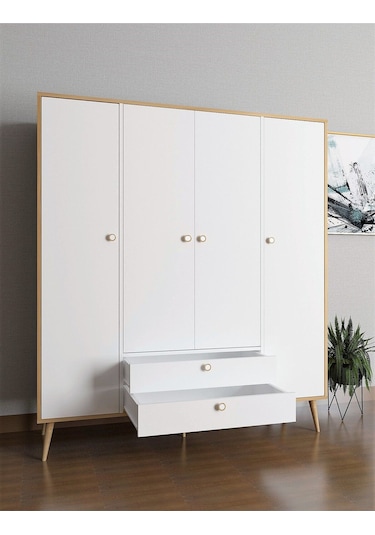 Floradesign Tema Elbise Dolabı 4 Kapaklı Çekmeceli Dolap Gardırop /beyaz Meşe