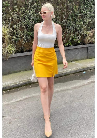 Madmext Sarı Yüksek Bel Önden Yırtmaçlı Kısa Etek Mg2086 Sarı