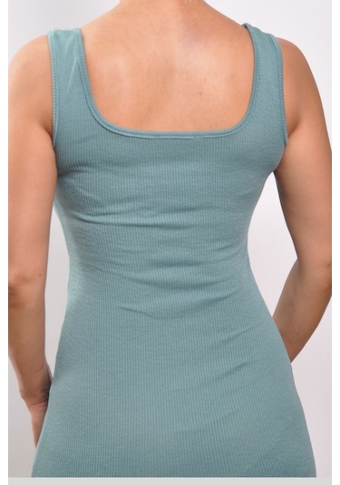 Yazlık Fitilli Görünümlü Kare Yaka Kalın Askılı Yeşil Elbise Yeşil