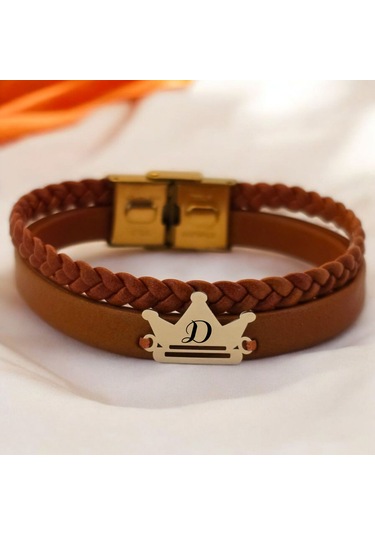 Archin D Harfine Özel Taç Motifli 14 Ayar Altın Plakalı Kahverengi Derili Hediye Bileklik-467harf D