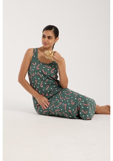 Akbeniz Kadın Kalın Askılı Yırtmaçlı Uzun Yeşil Gecelik Yeşil