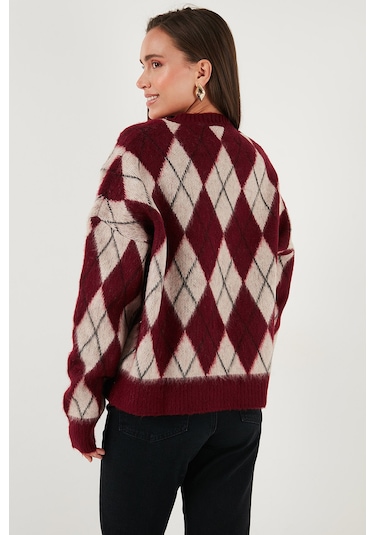 Lela Oversize Fit Bisiklet Yaka Baklava Desenli Yumuşak Dokulu Bayan Kazak 4616223 Bordo