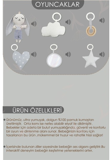 Mordesign Bebek Oyun Alanı, Tavşan Bebek Aktivite Matı, Yaprak Tasarım Oyun Matı, Baby Gym Serisi, Gri