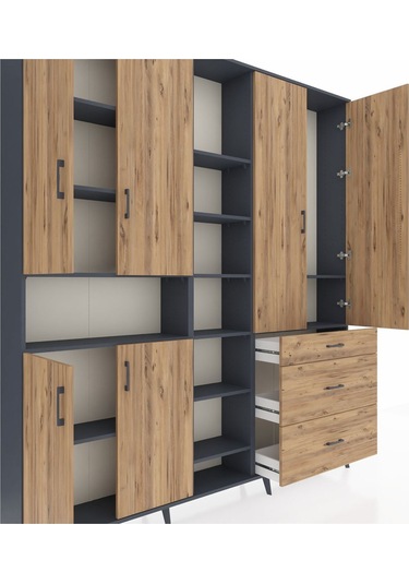 Arges Dolap 13 Raflı 3 Çekmeceli 6 Kapaklı 220x30x243 Antrasit-çam/çam Atlas Çam/atlas Çam