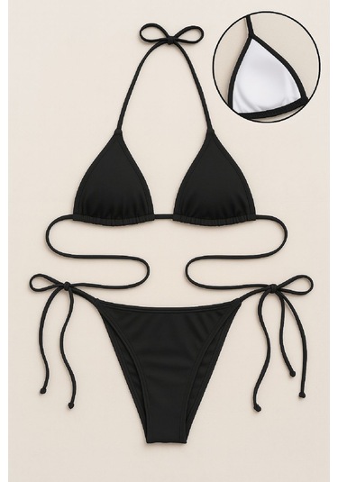 Kadın Siyah Yandan Ve Boyundan Bağlamalı Bikini Mayo Takımı Siyah