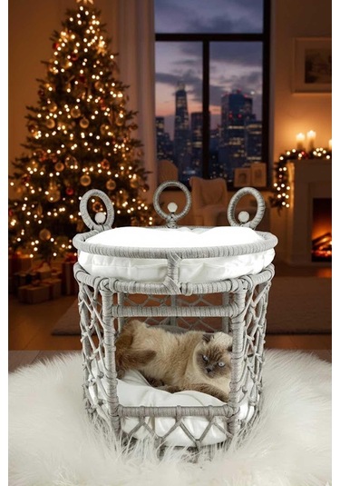 Reyo Lüxperi Kristal Taşlı İki Katlı Kedi Yatağı, Kedi Ranzası Açık Gri