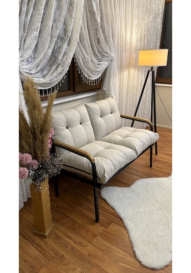 Modern Uzungöl Balkon, Bahçe, Cafe - Metal Kanepe Koltuk Takımı 2'li Krem