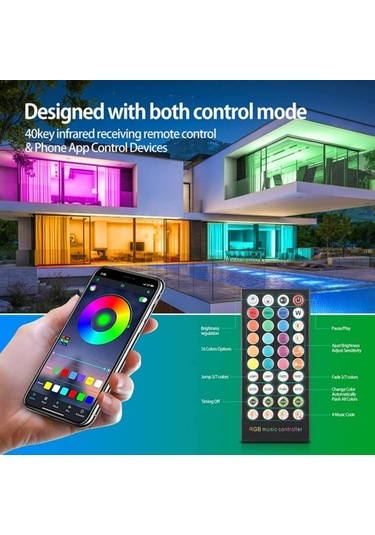 Springsun 15m Rgb Led Işık Şeridi, Müzik Senkronlu Renk Değiştirme, Bluetooth Uygulama + Kumanda Kontrolü, Ev Dekorasyonu Partileri Odalar İçin Renk