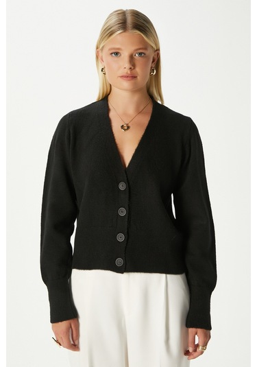 Kadın Bold Yumuşak Doku V Yaka Siyah Triko Hırka 70148 Siyah