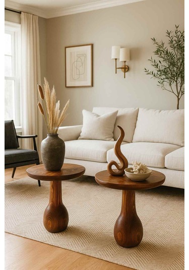 2 Li Doğal Masif Ahşap Yan Sehpa Seti Meşe Renk Zigon Fiskos Meşe