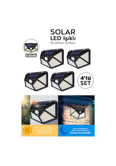 4 Adet Güneş Enerjili Duvar Lambası - Solar 100 Led Işık 3 Modlu Hareket Sensörlü Bahçe Aydınlatma Siyah