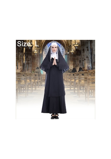 Cadılar Bayramı Kostümü Kadın Rahibe Misyoner Cosplay Giyim, Boyut: L, Göğüs: 108cm, Elbise Uzunluğu: 144cm, Omuz Genişliği: 40cm