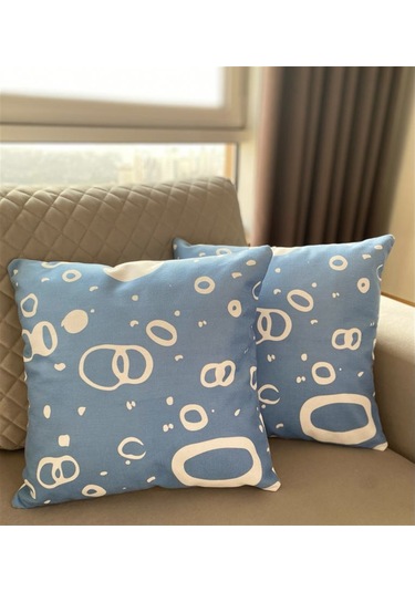 Mavi-Beyaz Renk Dekoratif 2'li Kırlent Kılıfı Seti - Mavi-Beyaz